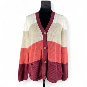 Lands End Women's L Drifter V-neck Button Down Color Block Ribbed Knit Sweater